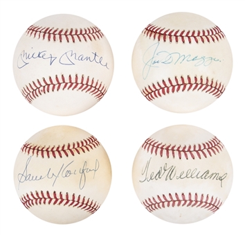 Lot of (4) Hall of Famers Single Signed Baseball Collection Including Mickey Mantle, Ted Williams, Joe DiMaggio and Sandy Koufax (Beckett PreCert)